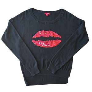 BONGO Black Sweater Red Pink White Sequin Lips Crew Neck Wm Sz M GUC